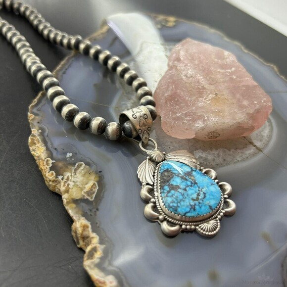 Sterling Silver Southwestern Style Wide Teardrop Kingman Turquoise Pendant - Picture 4 of 10